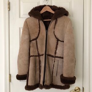Vintage Sheepskin Shearling Coat with Hood Size 12 (See Description re Size)